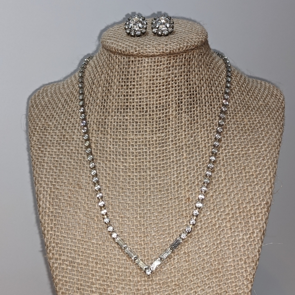 Art Deco Rhinestone Necklace and Stud Earrings Set, 1930-1950s